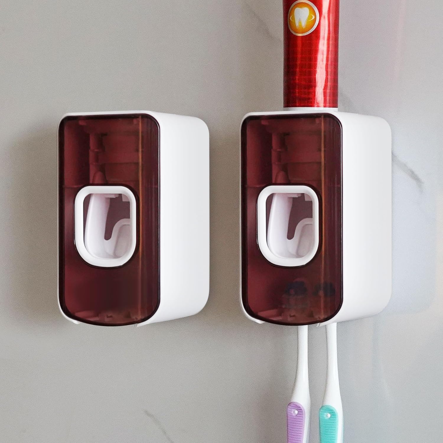 2 Slot Toothbrush Holder and Toothpaste Dispenser Wall Mounted, Automatic Toothpaste Squeezer, 2 in 1 Tooth Brush Toothpaste Organizer for Shower (Red 2Pack)