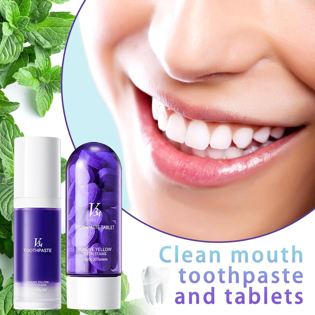 Purple Toothpaste and 30PCS Toothpaste Tablets Kit,Deep Cleaning Purple Colour Corrector,Chewable Tooth Paste Tablets for Sensitive Teeth,Travel Size Tooth Care Products Kit for All People