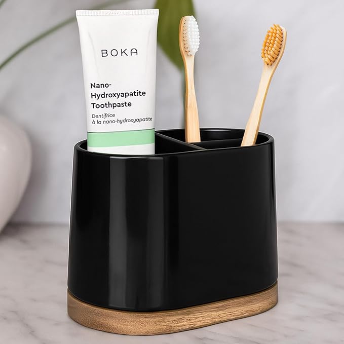 DAILY RITMO® Large Black Toothbrush Holder for Bathrooms with Bamboo Base | Modern 3 Slots Compartment White Ceramic Marble Like Toothpaste Cup for Electric and Kids Tooth Brushes