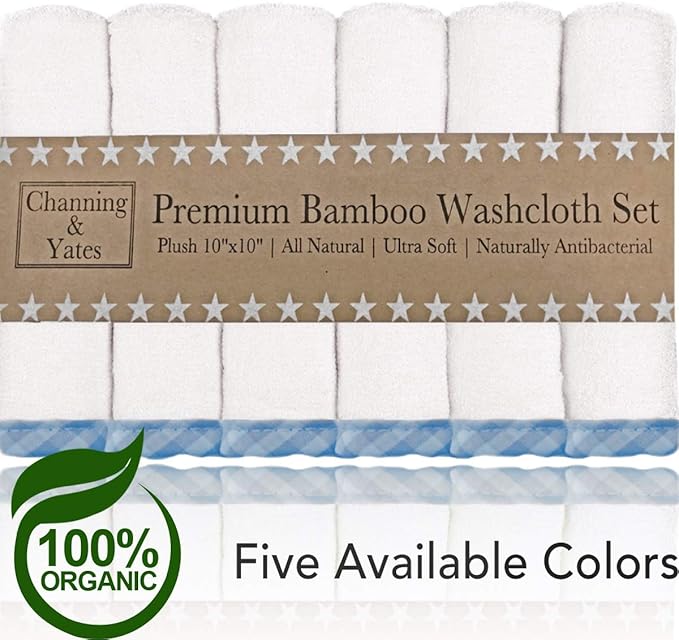 Channing & Yates - Premium Baby Washcloths - (6-Pack) Viscose Made from Bamboo Organic Baby Wash Cloths - Thick & Soft - Great for Eczema - Adult Face Washcloths (Blue on White)