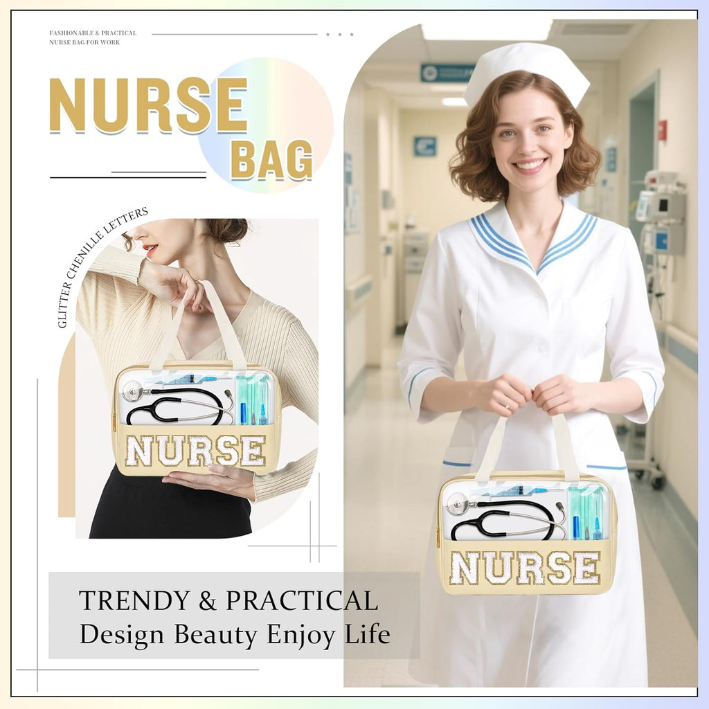 Nurses Week Gifts Chenille Letter Clear NURSE Makeup Bag for Women,Preppy Nurse Cosmetic Pouch Zipper with Handle Nurse Essentials Bag for Work Supplies,Labor and Delivery Nurse Gifts(NURSE-Beige)