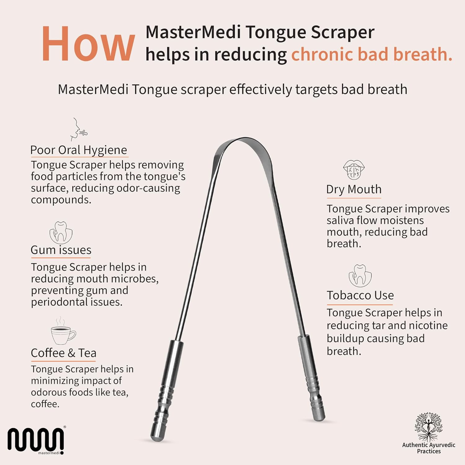 MasterMedi Tongue Scraper for Adults, 100% Stainless Steel Tongue Scrubber for Bad Breath, Easy to Use, Tongue Cleaner for Oral Care & Hygiene (SS Pack of 3)