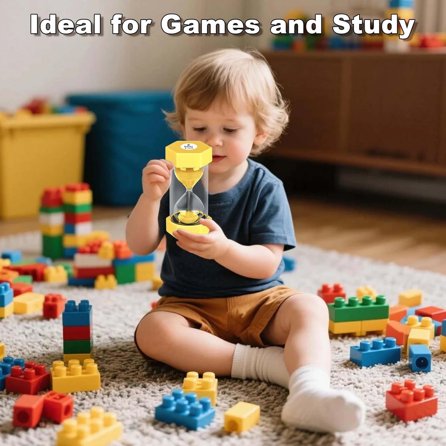 2 Minute Sand Timer Hourglass, Unbreakable Hexagon Plastic Sand Clock Reloj De Arena 2 Minutos, Colorful Hour Glass Sandglass for Classroom Games Kitchen (Yellow)