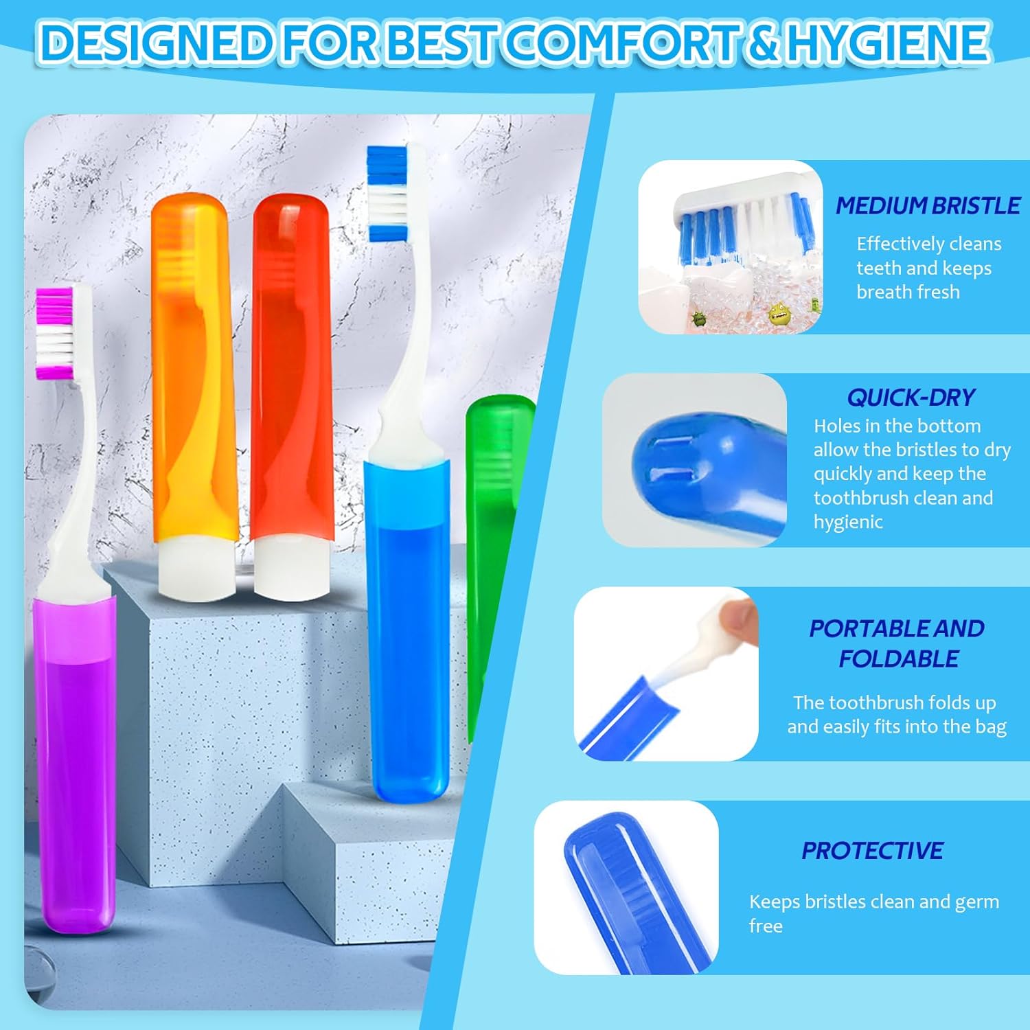 Toothbrush Travel Case, Travel Toothbrush Silicone Collapsible Toothbrush Cup, Travel Toothbrush Set Suitable for Business Camping Travel or Daily Use (Blue)