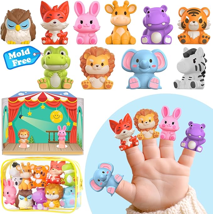 Oriate Zoo Animals Finger Puppets, 10PCS Infant Jungle Animals Finger Bath Pool Toys, Puppet Theater Storage Bags incl, 12m+ Toddler Travel Toys