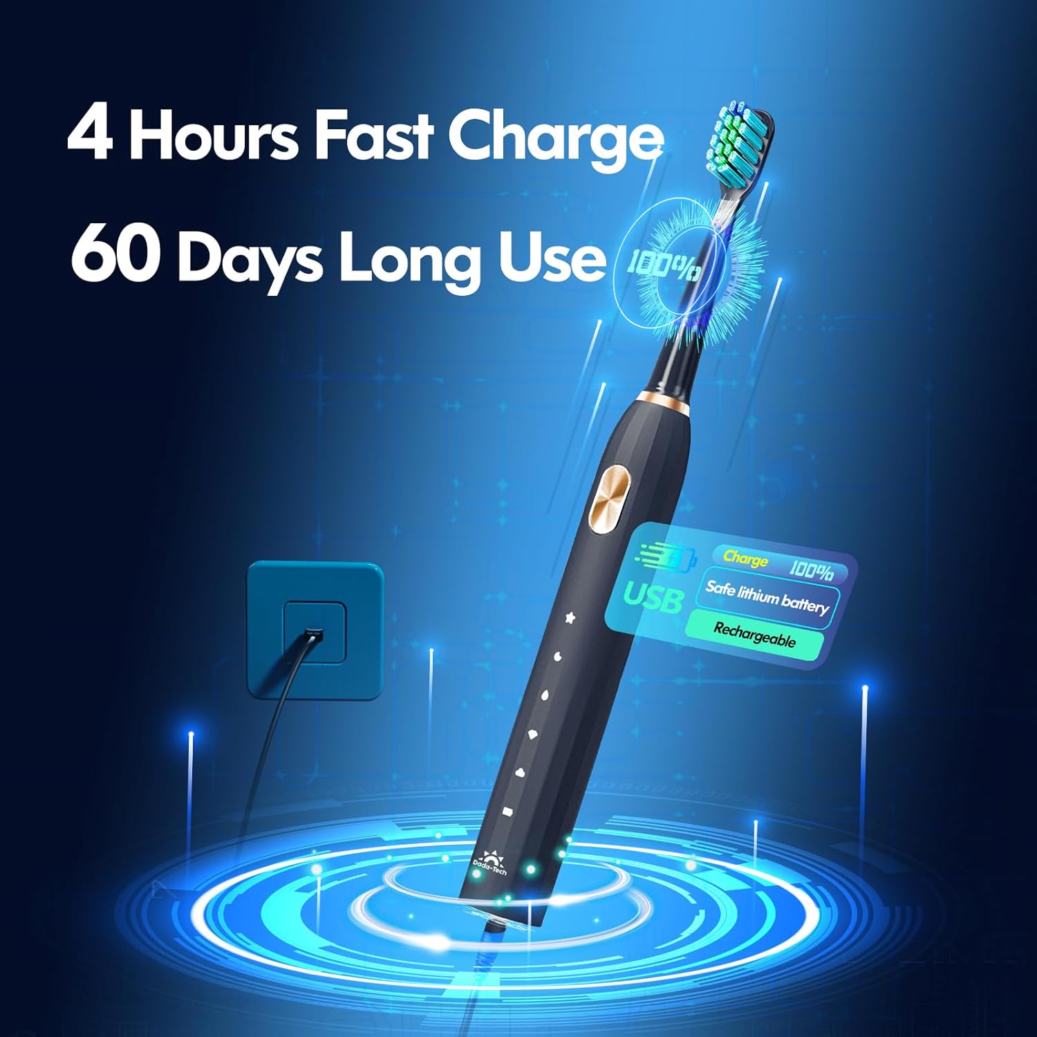 DADA-TECH Ultrasonic Toothbrush for Adults Sonic Toothbrush, 9 Brush Heads, 5 Cleaning Modes, 4-Hour Charge Lasts 60 Days Electric Toothbrush (Black)