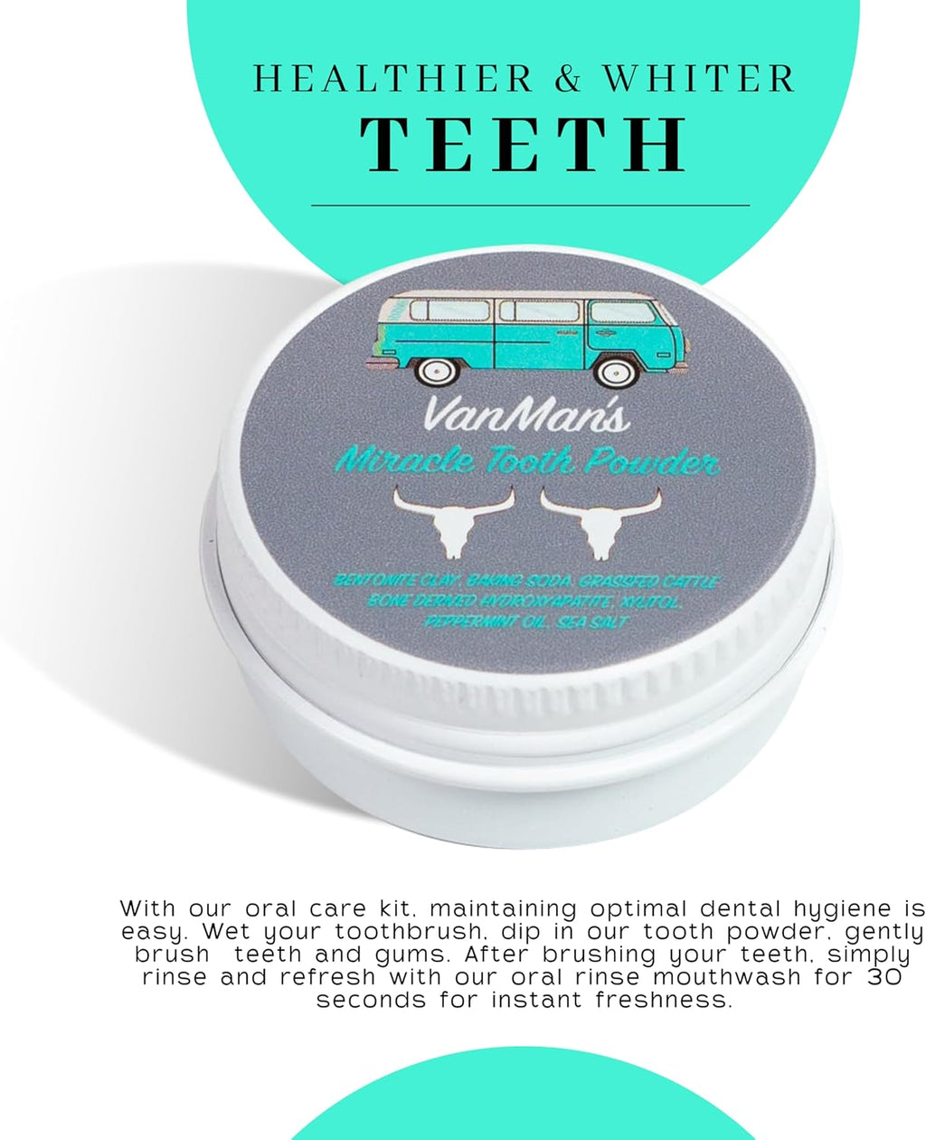 Vanman’s - Tiny Mint and Bone Tooth Powder Toothpaste - Flouride-Free Whitening Tooth Powder with Cattle Bone Derived Hydroxyapatite, Bentonite Clay, Peppermint Oil - Remineralizing - 0.25 oz