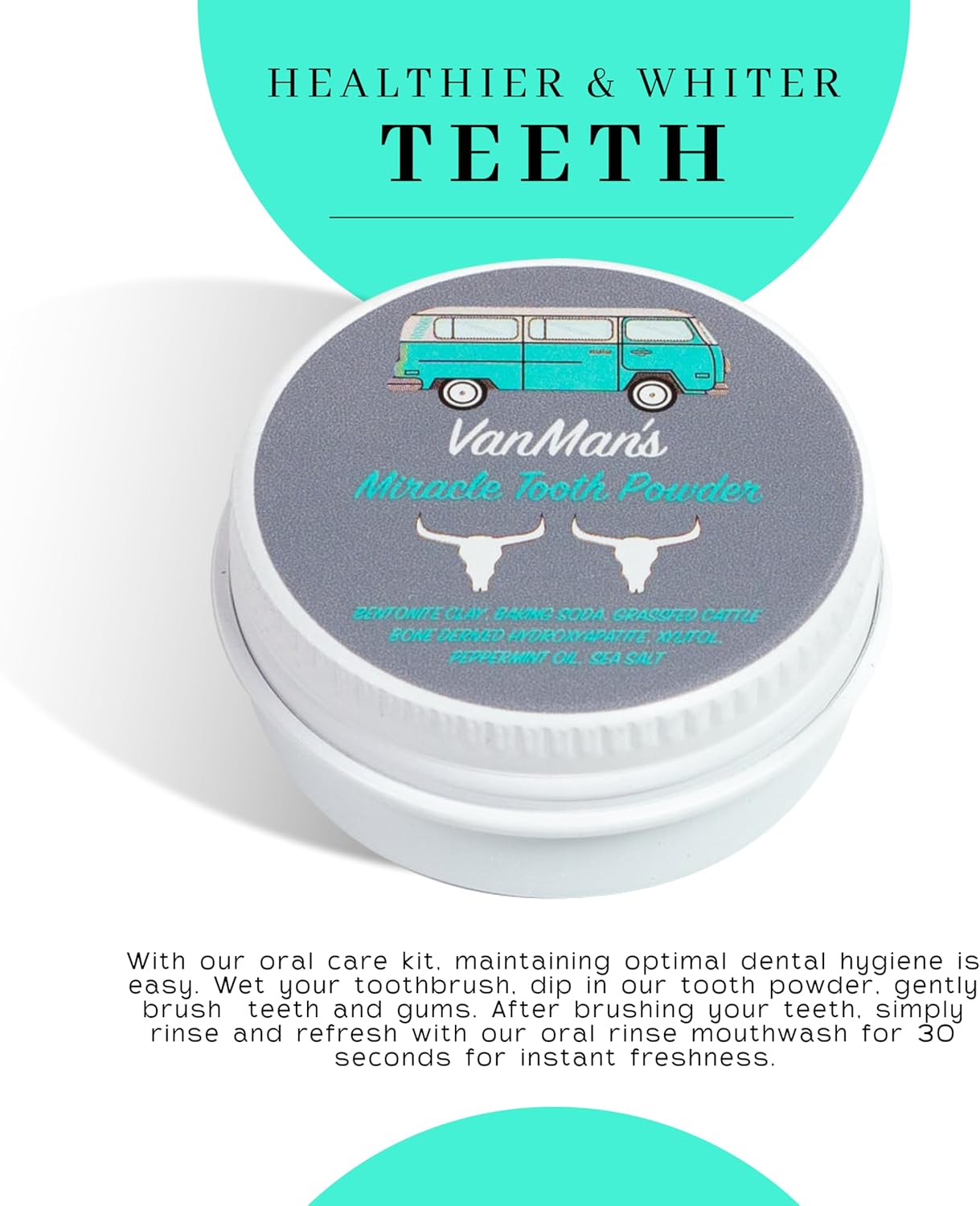 Vanman’s - Tiny Mint and Bone Tooth Powder Toothpaste - Flouride-Free Whitening Tooth Powder with Cattle Bone Derived Hydroxyapatite, Bentonite Clay, Peppermint Oil - Remineralizing - 0.25 oz