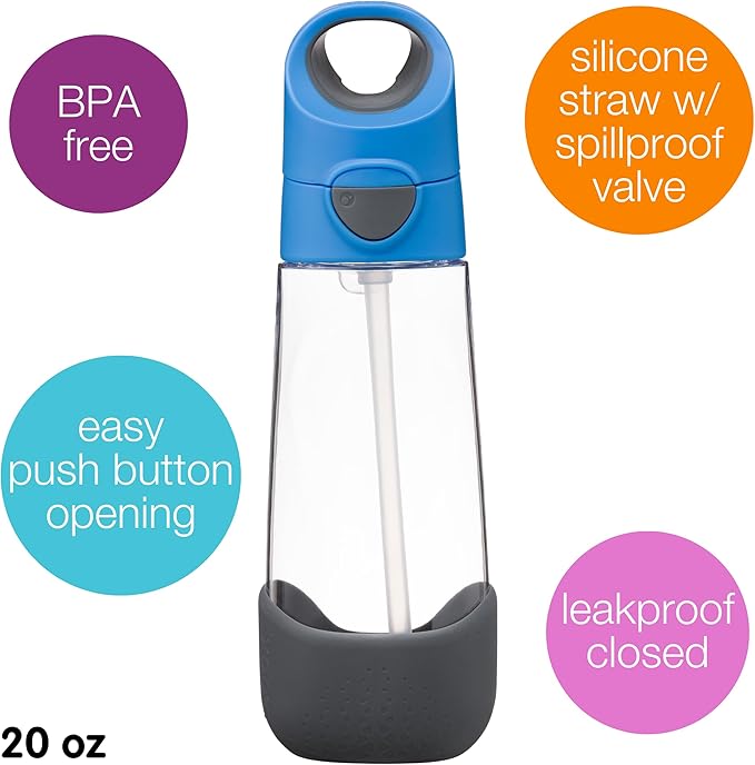b.box 20oz Tritan Kids Water Bottle –Toddler Drink Bottle with Straw for School, Daycare, Travel w/Easy-Grip Triangular Design, Leak Proof Lid & Handle, BPA Free, Dishwasher Safe (Blue Slate)