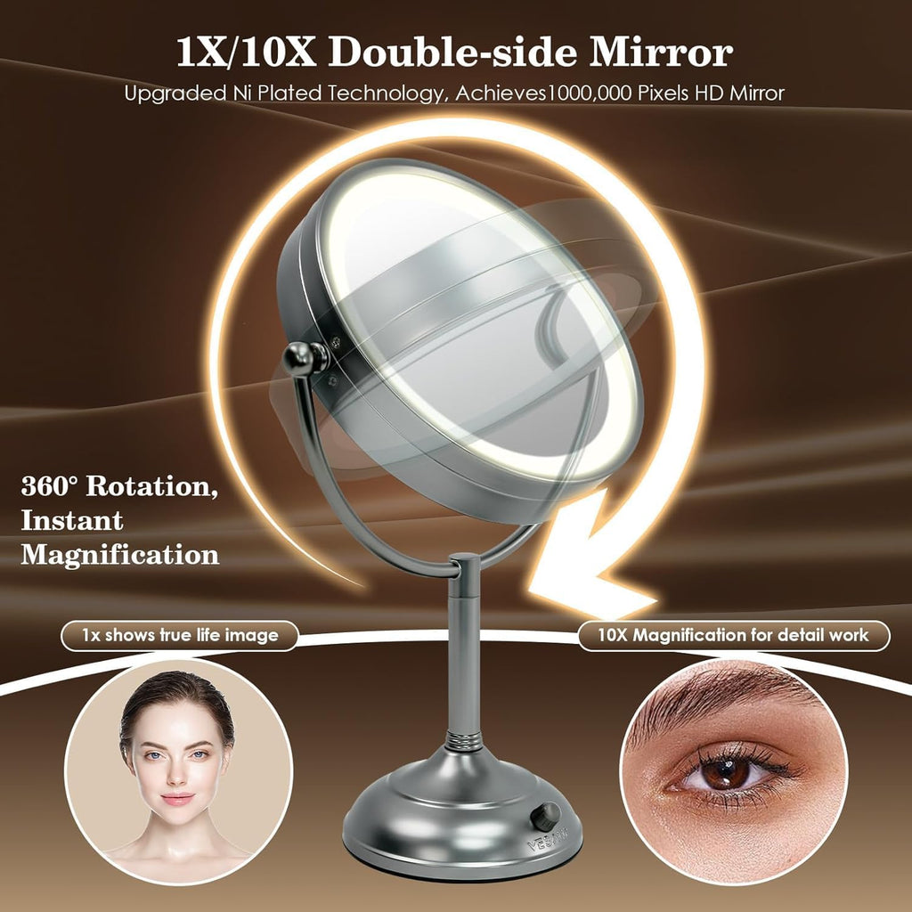 VESAUR Professional 8.5" Lighted Makeup Mirror, 1X/10X Double Sided HD Undistorted Magnifying Mirror with 3 Color 90 Dimmable LED lights, 360° Rotation Vanity Mirror, Unique Black Nickel with Gift Box