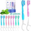 Small Toothbrush Disposable with Toothpaste,Tongue Scrapers,Floss and Pick.Travel Tooth Brush Pack for Work or Travel.Individually Wrapped, 26 Count, Mint and Three Other Fruit Flavors