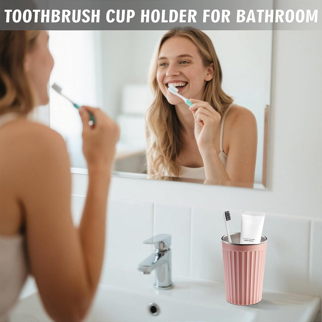 Toothbrush Holder for Bathroom-12oz Unbreakable Stainless Steel Bathroom Cup,Easy to Clean Toothbrush Cup, Reusable Bathroom Tumbler Cups for Home/School/Office(3" x 4.5") (Pink)