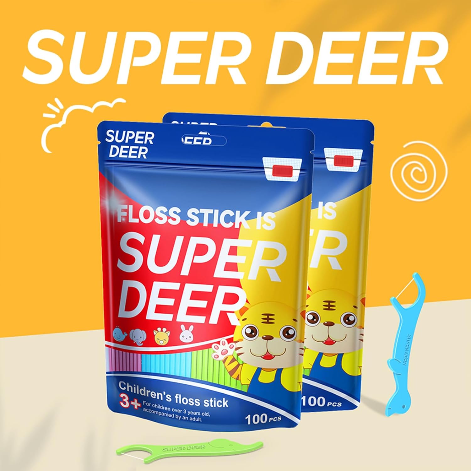 Super Deer Dental Floss Picks for Kids,4 Animal-Shaped Picks, Fluoride-Free, Fun Oral Care in Colorful Floss Sticks Design Ideal for Ages 3+, 200 Count (Pack of 2)