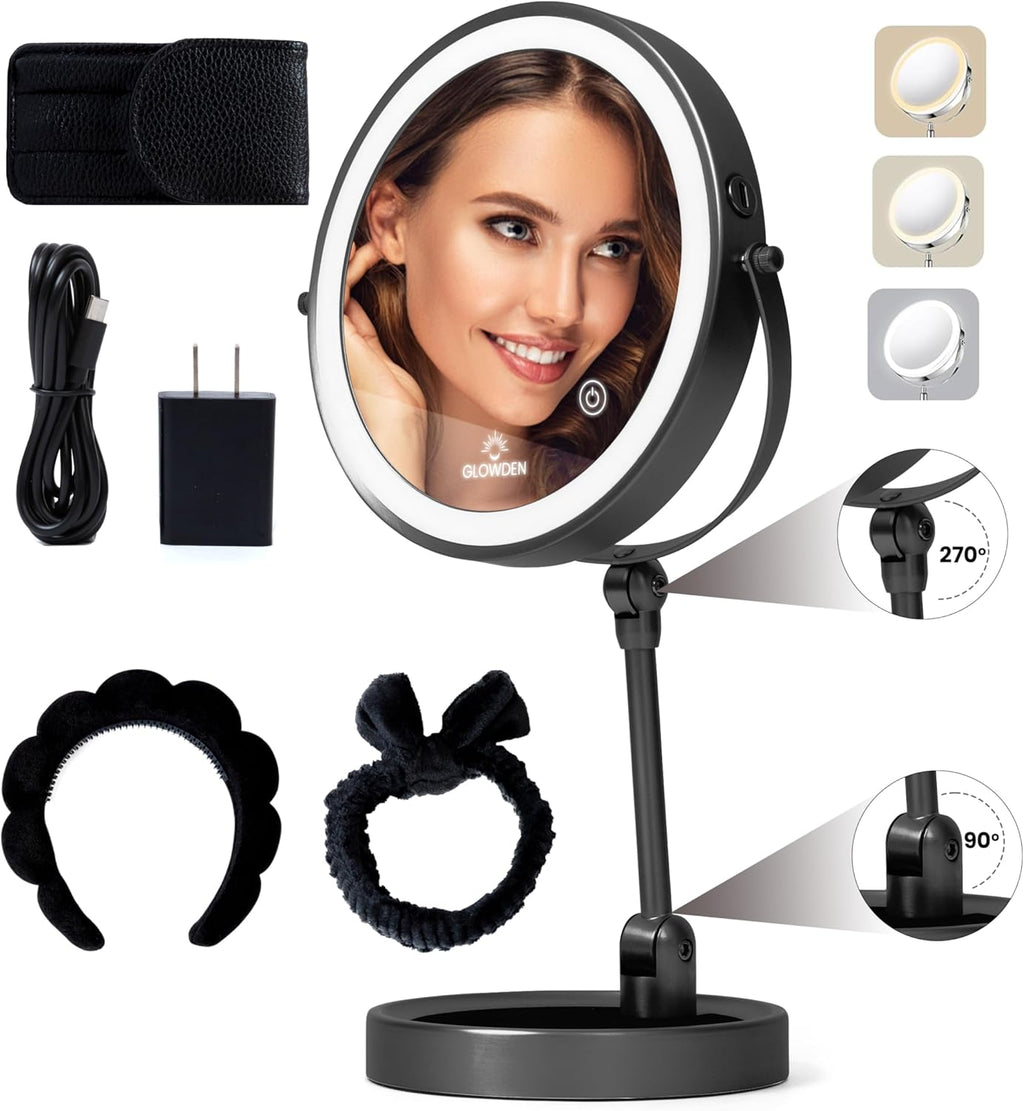 Smart 9" LED Light Makeup Mirror, Rechargeable, 1X/10X Magnifying Vanity Mirror with 3 Color Lights, Height Adjustable, Large Tall 360° Swivel Double Sided Standing Travel Mirror (Black)