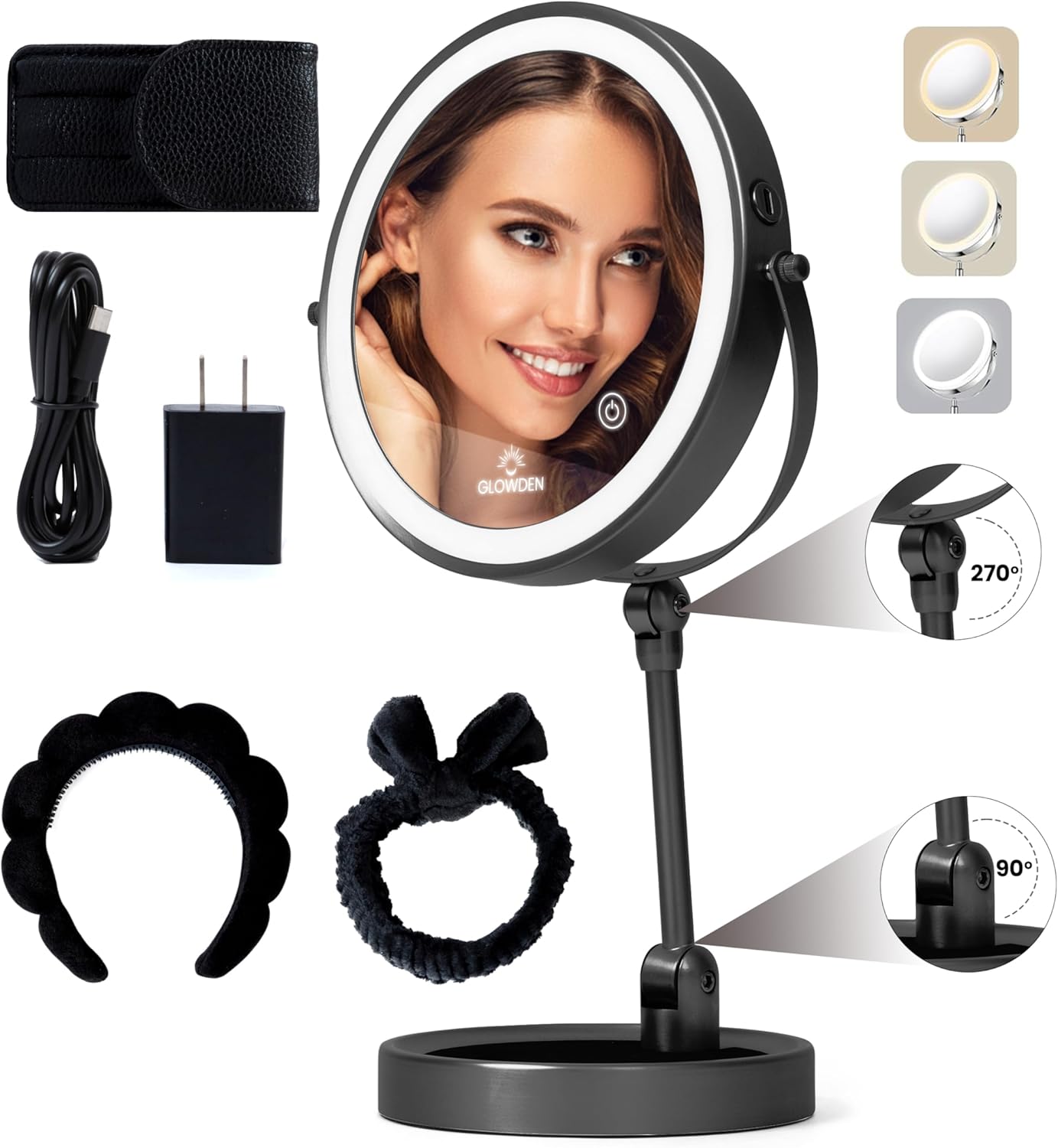 Smart 9" LED Light Makeup Mirror, Rechargeable, 1X/10X Magnifying Vanity Mirror with 3 Color Lights, Height Adjustable, Large Tall 360° Swivel Double Sided Standing Travel Mirror (Black)