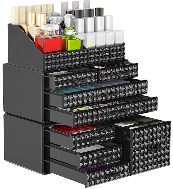 3 Pack Makeup Organizer Stackable[Upgraded], Acrylic Cosmetics Storage Cases with 8 Drawers Perfume Organizers For Brush Holder or Jewelry Display,Plus Size,Best For Vanity,Bathroom or Countertop