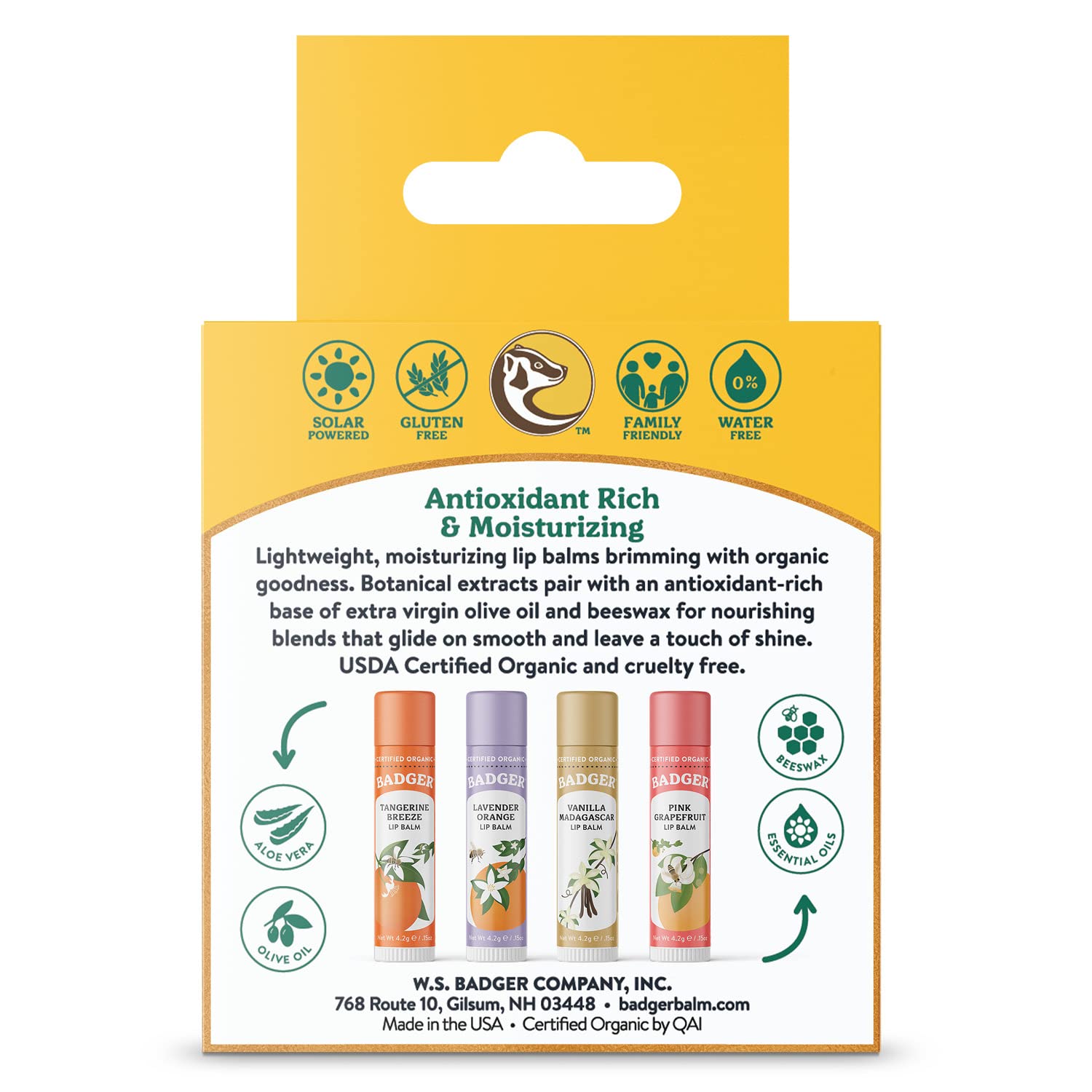 Badger Classic Organic Lip Balm Set - Yellow Box, Light Silky Long Lasting Lip Moisturizer Gift Set, All Natural Lip Balm Variety Pack Lip Set (Tangerine, Lavender Orange, Vanilla, Grapefruit), 4 pack