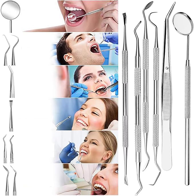 Teeth Cleaner Tool Kit Stainless Steel Plaque Tartar Remover Set of 6 with Metal Case, Tweezers, Oral Mirror, Teeth Cleaner, Probe, Stain Remover