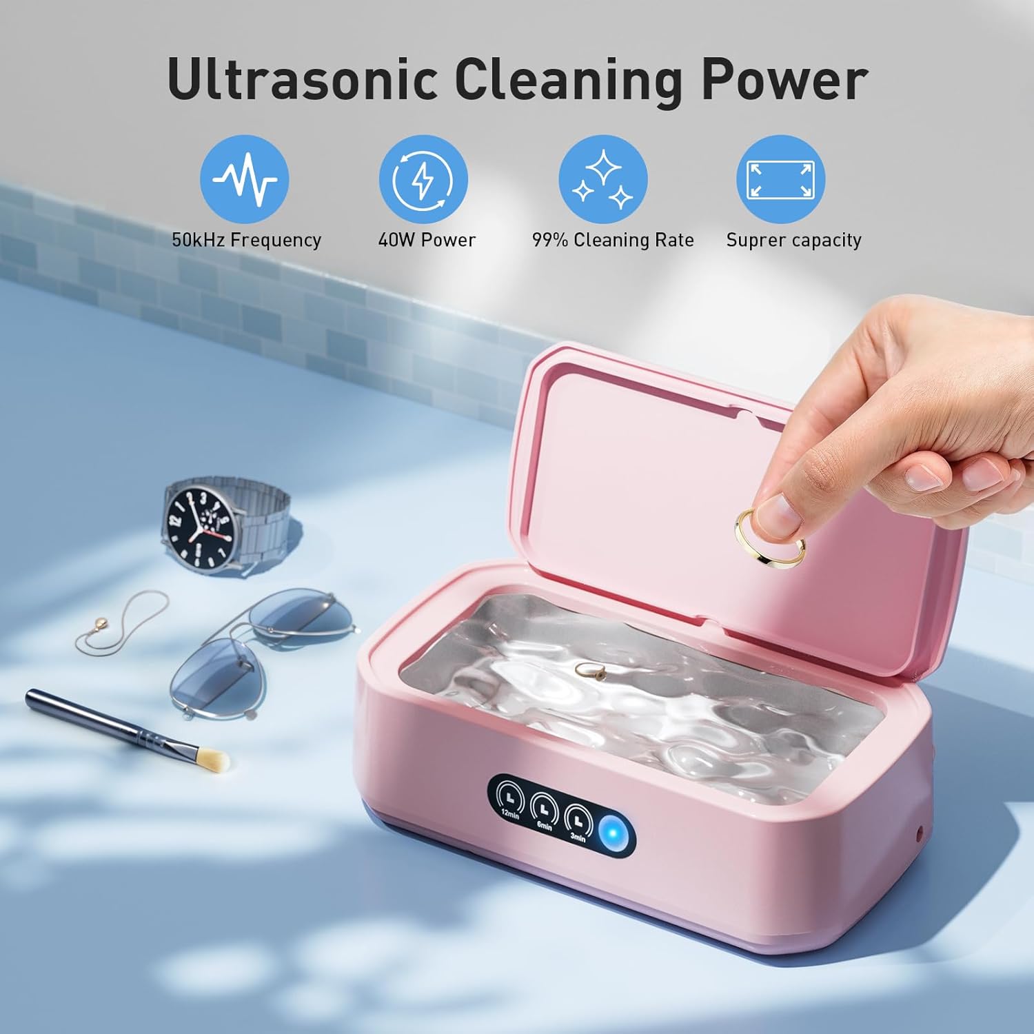 WINTERCRUSH Ultrasonic Retainer Cleaner for Tooth: 50KHz Jewelry Cleaner Deep Cleaning Machine - 650ML Dental Cleaning Pod for Dentures/Mouth Guards/Eyeglasses-3 Timers -Stainless Steel- Pink