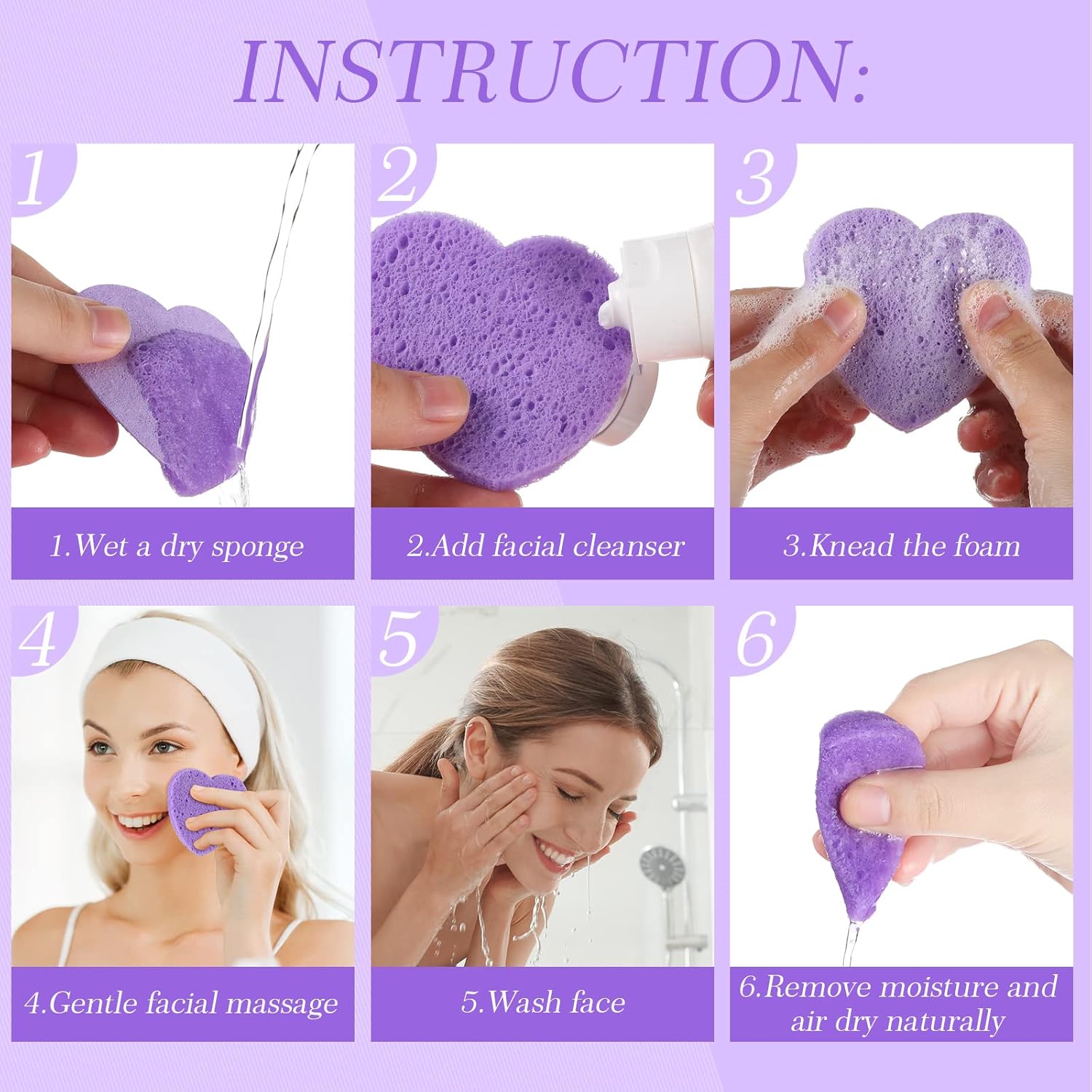 Sieral 120 Pcs Compressed Facial Sponges with Container Disposable Face Sponge Pads for Washing Face Cleansing Exfoliating Esthetician Makeup Removal(Heart,Purple)