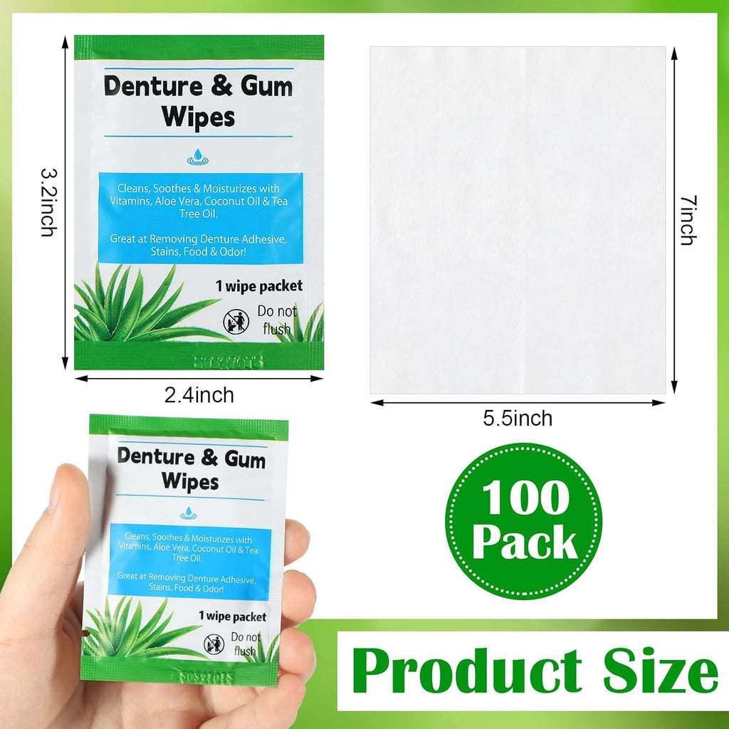 Timgle 100 Pcs Denture Cleaning Wipes Refreshes Gums Deep Cleaning Wipes for Remove Denture Adhesive, Food Debris, Stains and Odor