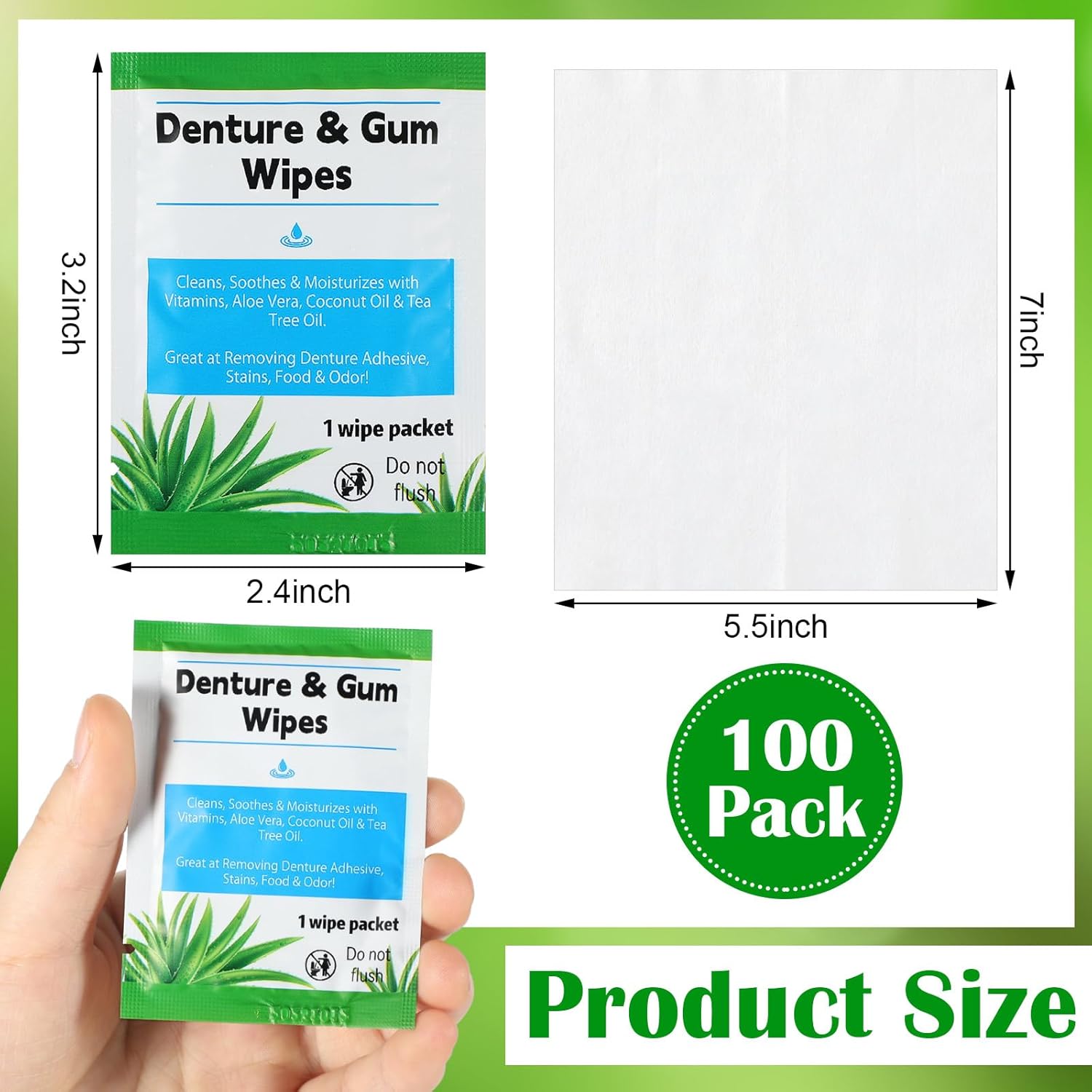 Timgle 100 Pcs Denture Cleaning Wipes Refreshes Gums Deep Cleaning Wipes for Remove Denture Adhesive, Food Debris, Stains and Odor