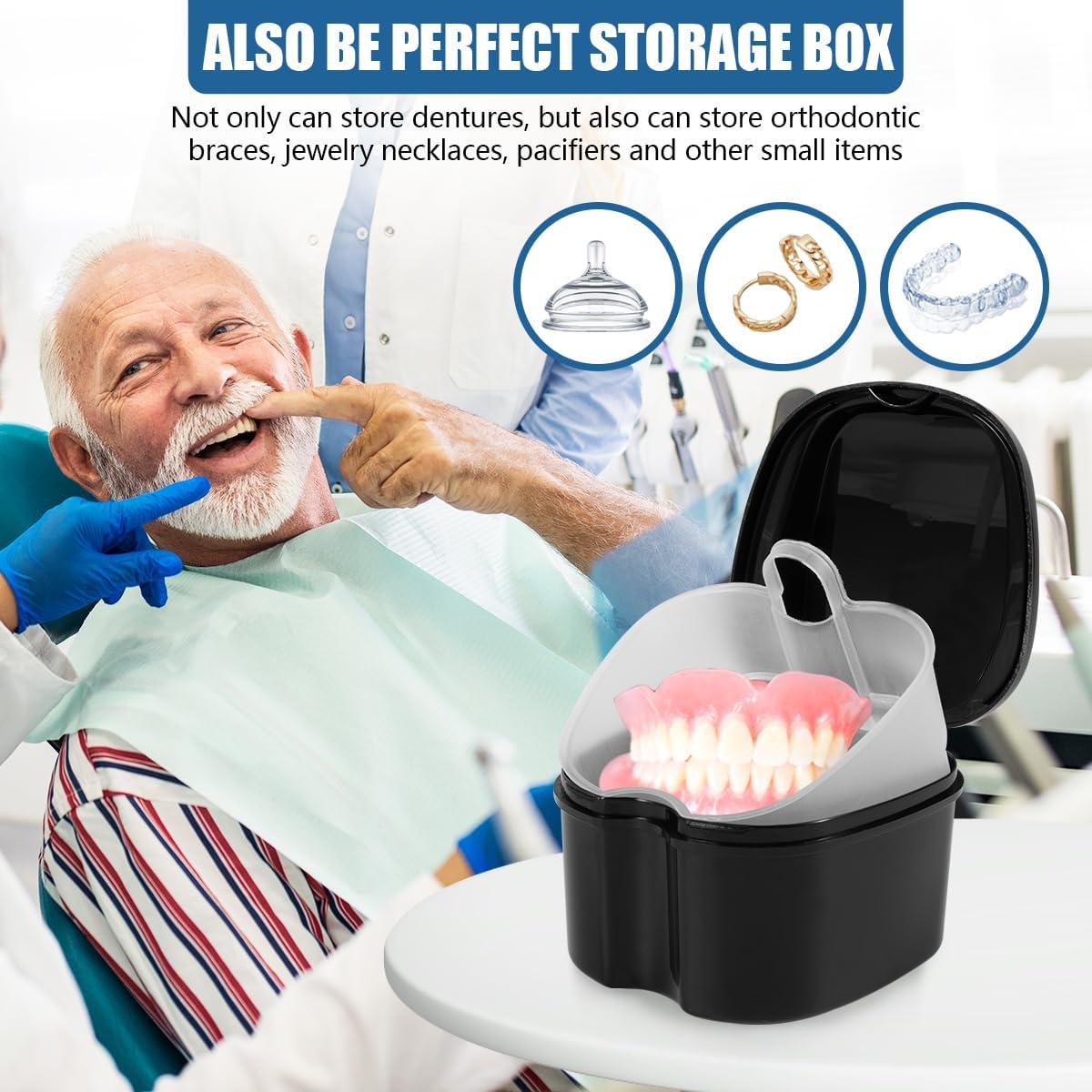 2 Pack Colors Denture Bath Case Cup Box Holder Storage Soak Container with Strainer Basket for Travel Cleaning (White and Black)