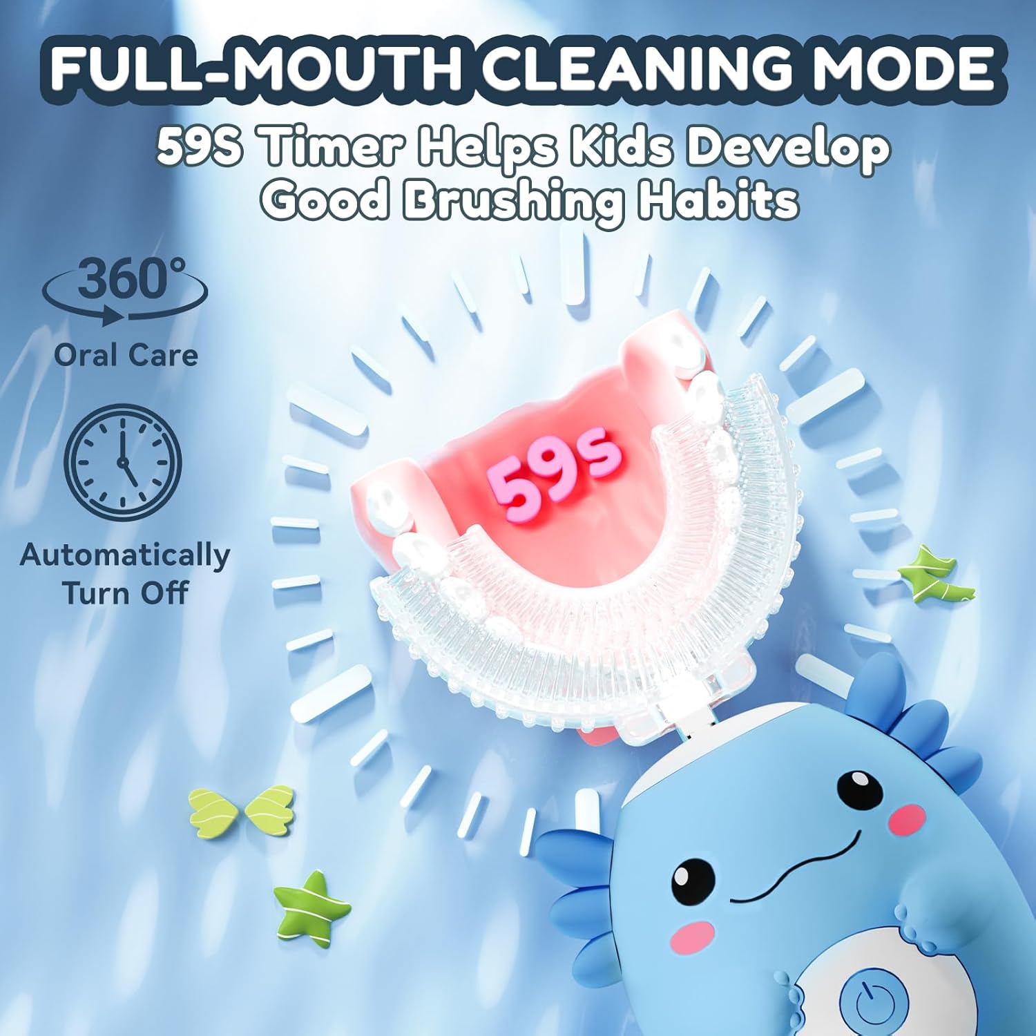 Kids Electric U Shaped Toothbrush - Axolotl Kids Sonic Toothbrush with 6 Brush Head Automatic Rechargeable 6 Cleaning Modes Full Mouth Cleaning-Blue