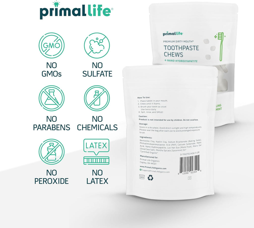 Primal Life Organics Premium Dirty Mouth Toothpaste Chews – Nano-Hydroxyapatite Whitening Toothpaste Tablets for Adults - Gluten Free, Vegan, Paleo - 60 Tablets in Bag - Sparkling Spearmint