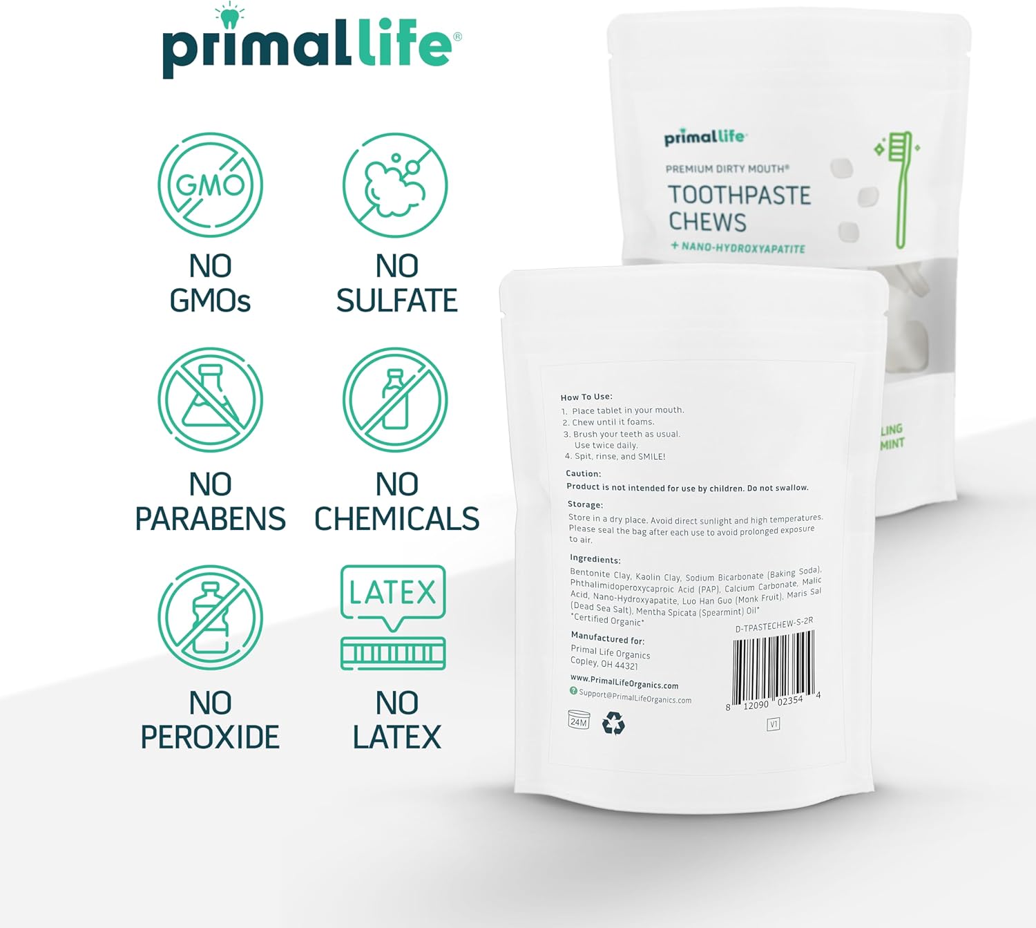 Primal Life Organics Premium Dirty Mouth Toothpaste Chews – Nano-Hydroxyapatite Whitening Toothpaste Tablets for Adults - Gluten Free, Vegan, Paleo - 60 Tablets in Bag - Sparkling Spearmint