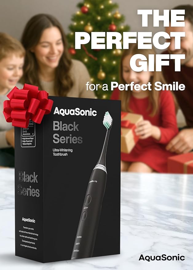 Aquasonic Black Series Ultra Whitening Toothbrush – ADA Accepted Electric Toothbrush- 8 Brush Heads & Travel Case – 40,000 VPM Electric Motor & Wireless Charging - 4 Modes w Smart Timer (Pack of 2)
