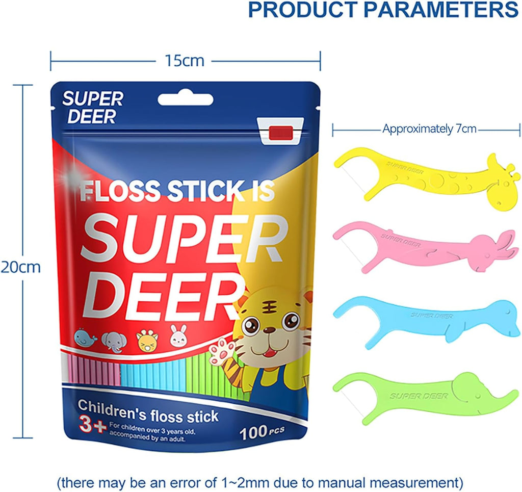 Super Deer Dental Floss Picks for Kids,4 Animal-Shaped Picks, Fluoride-Free, Fun Oral Care in Colorful Floss Sticks Design Ideal for Ages 3+, 100 Count (Pack of 1)