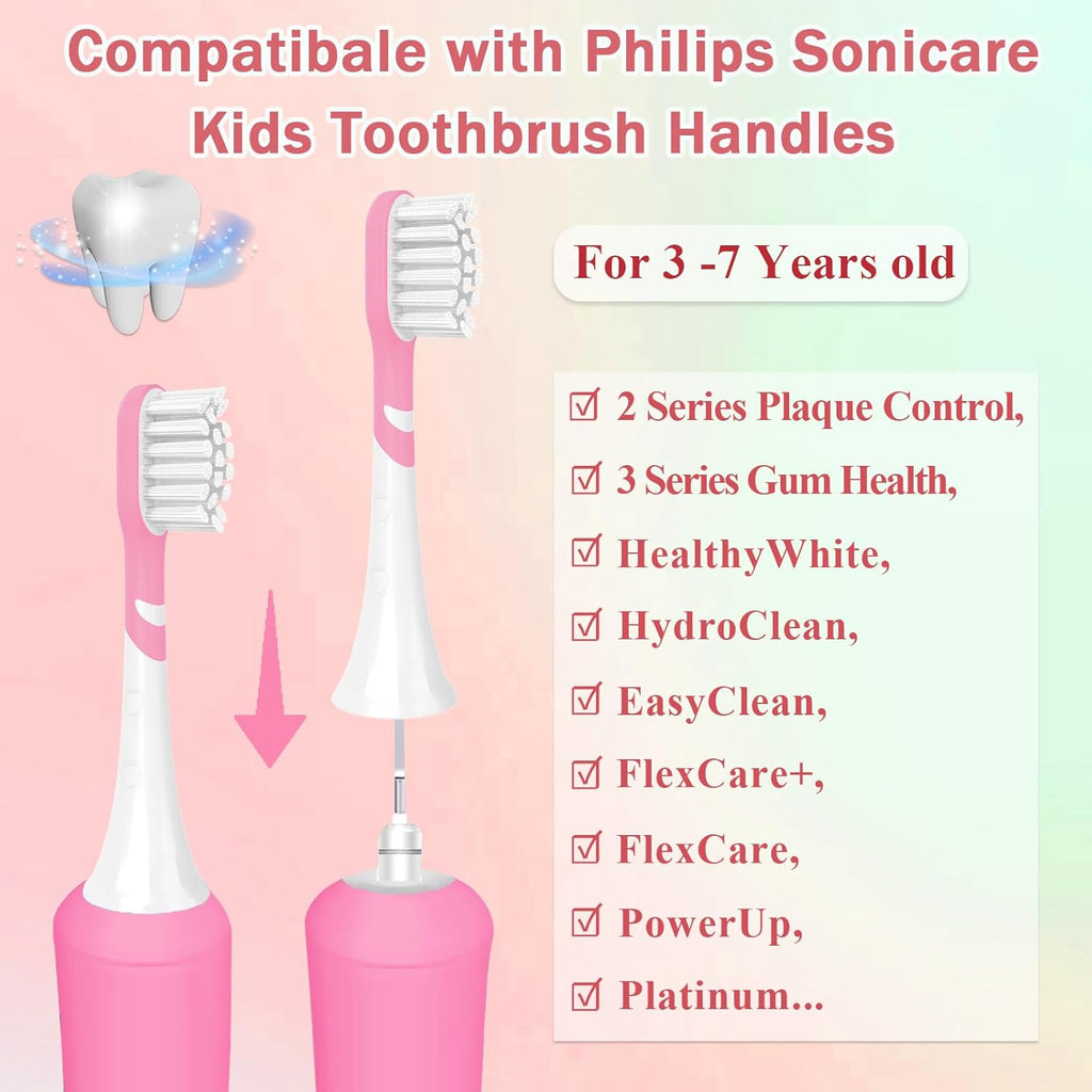 Kids Toothbrush Heads Compatible with Electric Philips Sonicare Handle 6032/94 6321 6340 6042 6320 6330, Replacement Heads Compact for Child 3-7 Years Old, Mini Brush Heads with Caps,8 Pack Green&Pink