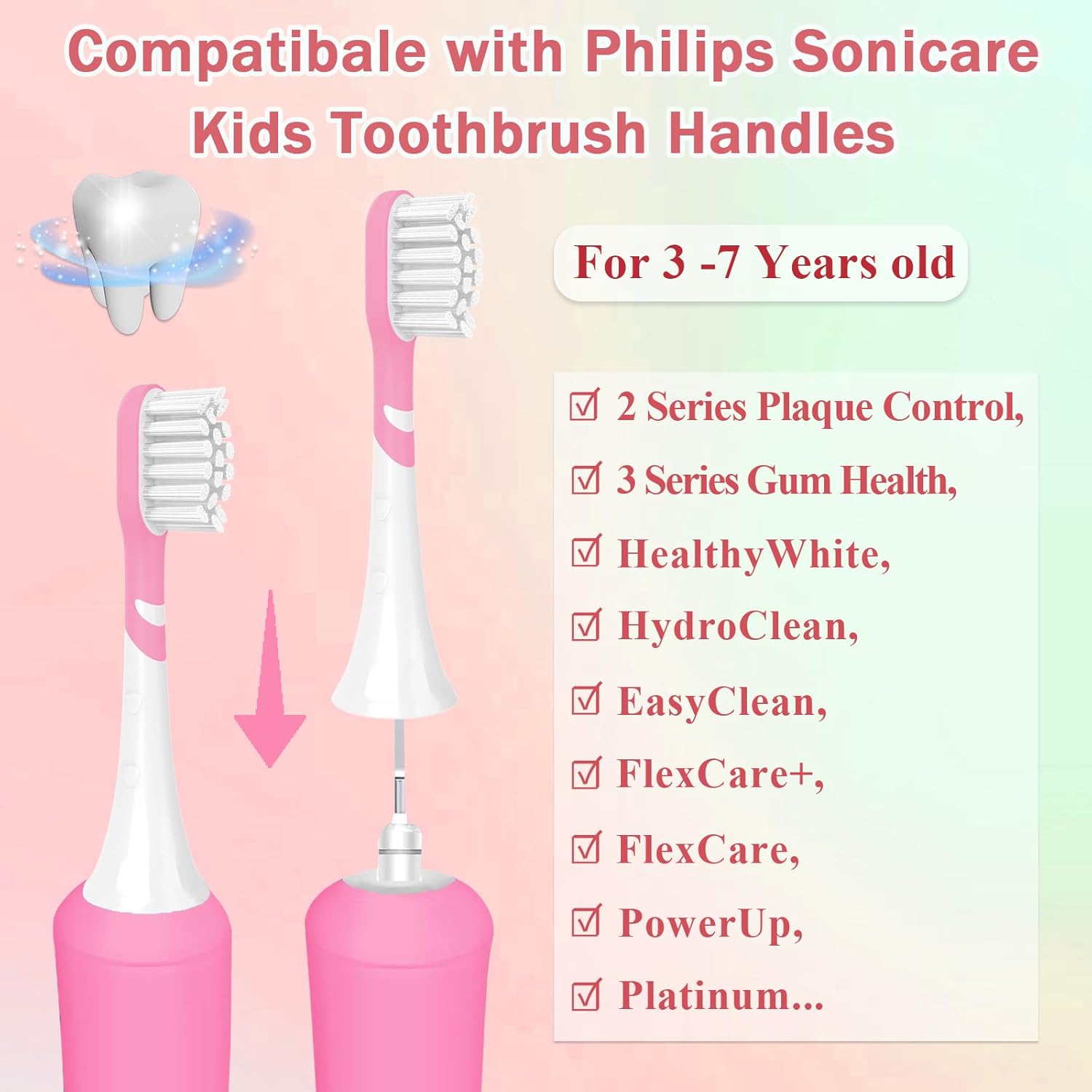 Kids Toothbrush Heads Compatible with Electric Philips Sonicare Handle 6032/94 6321 6340 6042 6320 6330, Replacement Heads Compact for Child 3-7 Years Old, Mini Brush Heads with Caps,8 Pack Green&Pink