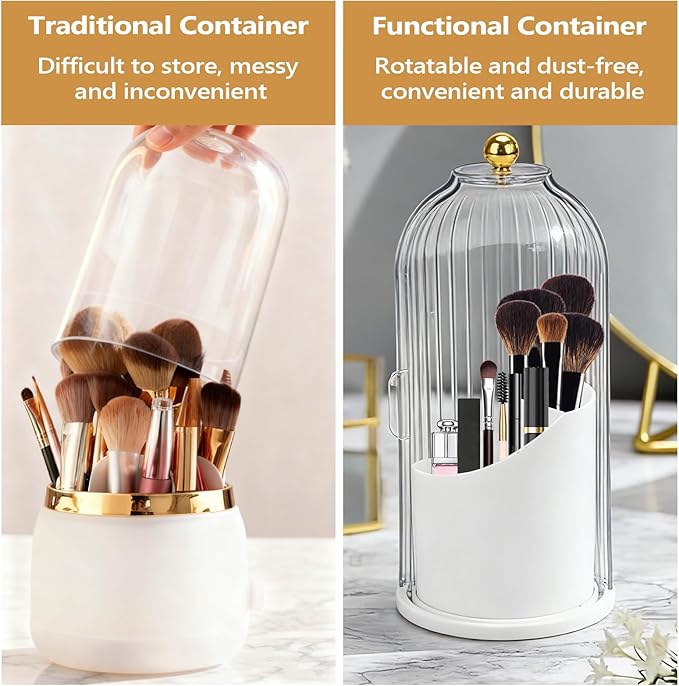 Toothbrush Holder with Cover, 360 Rotating Dust-proof Toothbrush Holder 3 Slots Rotating Makeup Brush Holder for Vanity Bathroom Countertop Organizer (Transparent)