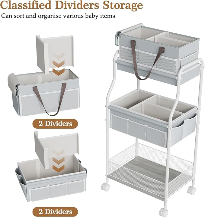 2In1 Baby Diaper Caddy & 3-Tier Rolling Diaper Cart, Diaper Caddy Organizer Cart with Dividers & 12 Pockets, Nursery Bedside Caddy Utility Cart for Baby Clothes & Dresser Baby Bottle,Baby Essential