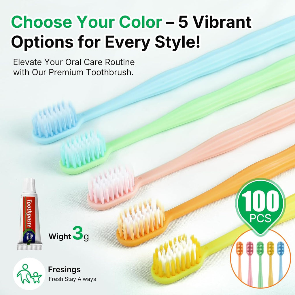 100 Pack Disposable Toothbrushes with Toothpaste, Individually Wrapped Soft Bristle Travel Toothbrush Bulk, Hotel Guest Amenities, Mint 3g Toothpaste Set for Camping, Donation & Oral Care Kit