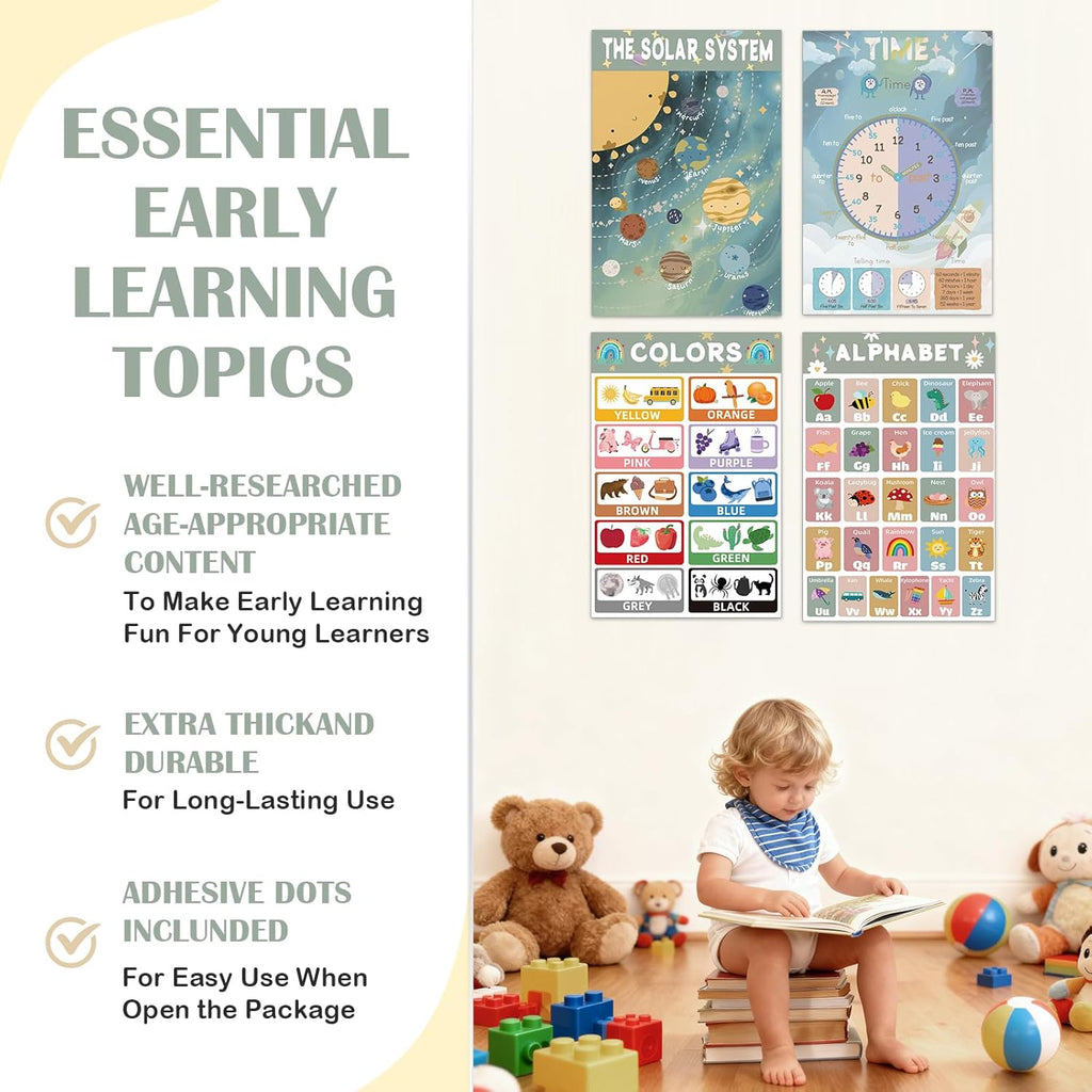 16 Educational Posters for Preschoolers, Laminated PreK Learning Poster Charts for Toddlers 1-3, Learning Wall Charts for Kids’ Bedroom, Playroom, Preschool, Kindergarten and Homeschool (Morandi B)