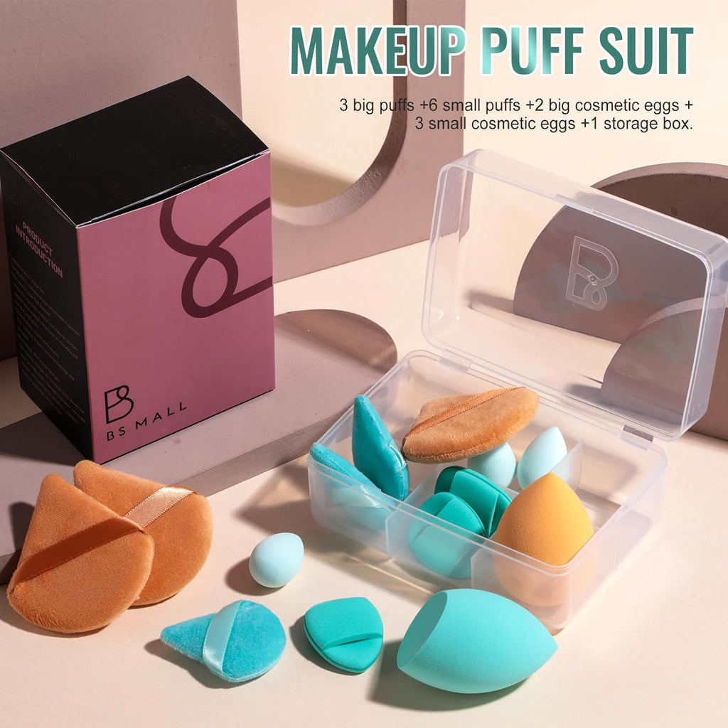 Makeup Sponge Set BS-MALLTriangle Puff 14 Pcs for Liquid, Cream, and Powder, Multi-colored Makeup Sponges and Mini Makeup Sponge (E-GreenOrange)