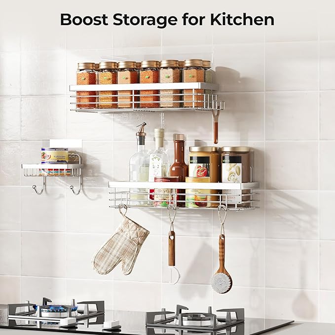 Orimade Adhesive Shower Caddy Soap Dish Holder Shelf with 5 Hooks Bathroom Organizer Basket Kitchen Storage Rack Wall Mounted No Drilling Stainless Steel - 3 Pack,Silver