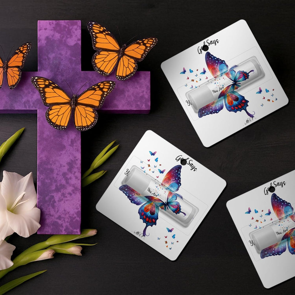 25 Pack Christmas Purple Butterfly Gifts Religious Bible Verse Lip Balms Bulk 5 Flavor for Women Men Christian Church Party Favors with Scripture Inspirational Gifts for Coworkers Staff