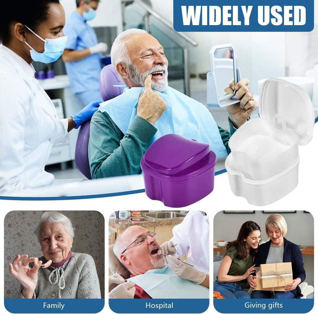 2 Pack Colors Denture Bath Case Cup Box Holder Storage Soak Container with Strainer Basket for Travel Cleaning (White and Purple)