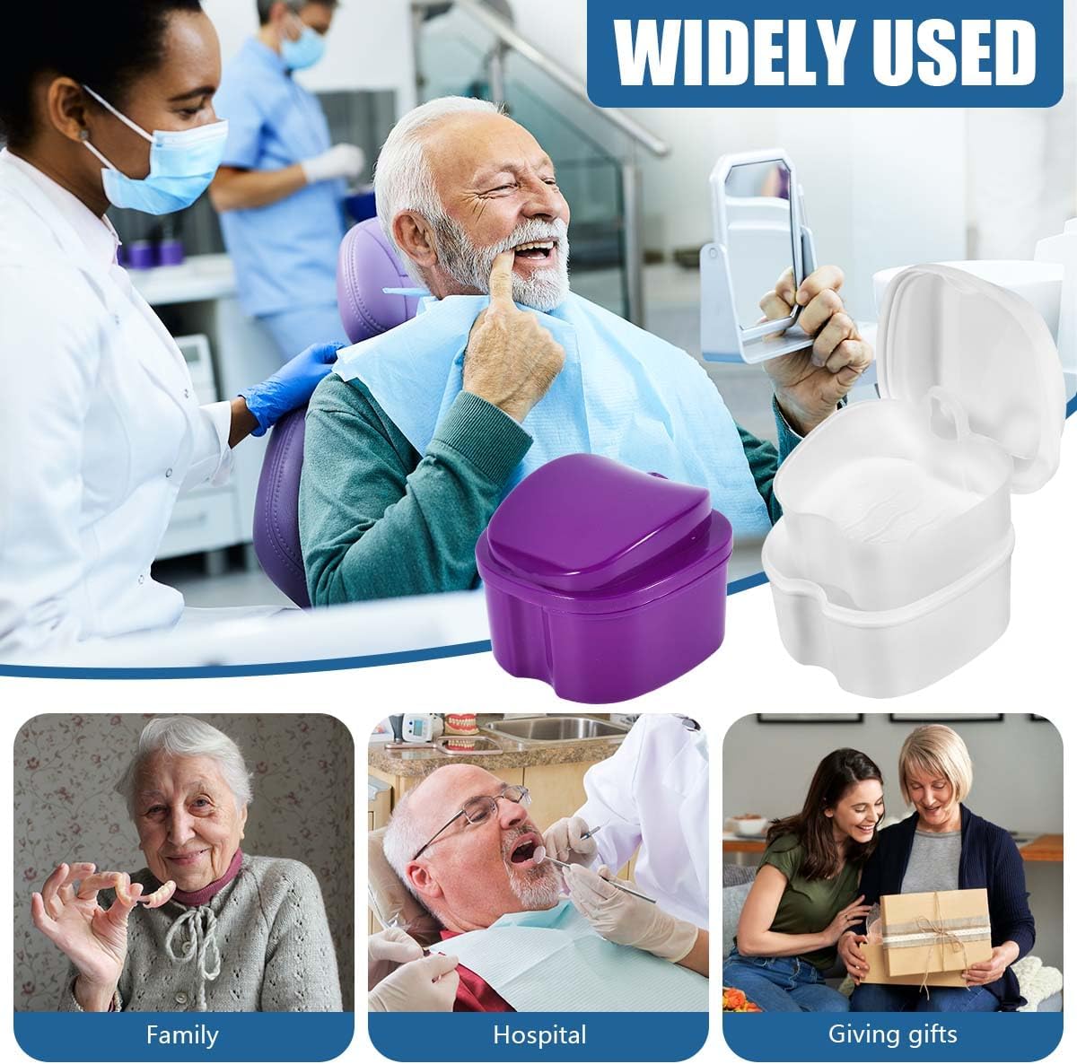 2 Pack Colors Denture Bath Case Cup Box Holder Storage Soak Container with Strainer Basket for Travel Cleaning (White and Purple)