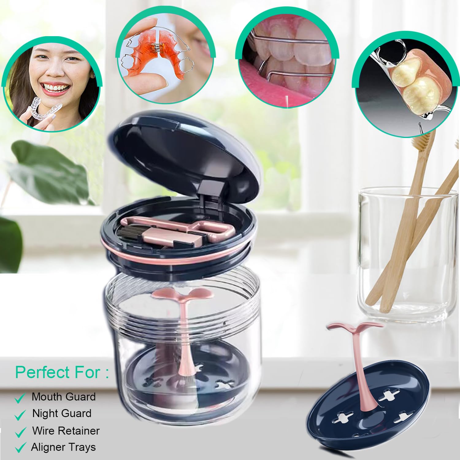 Retainer case, Denture Bath Cup，Retainer Cleaner Case Box,Night Mouth Guard Case Holder,Storage Soak Container with Drain Tray for Travel Cleaning with Mirror and Brush