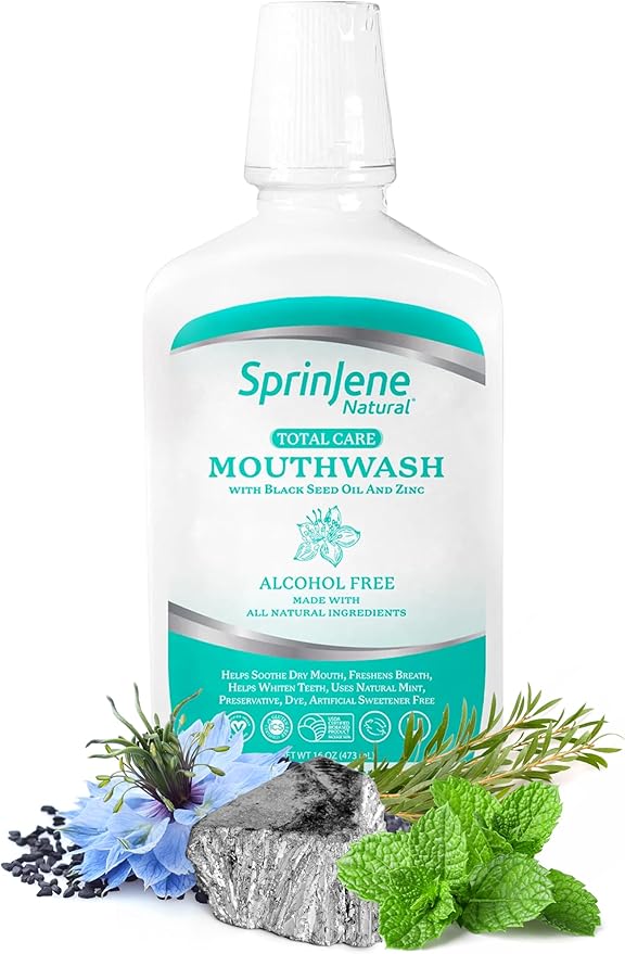 SprinJene Natural Sensitivity & Gum, Fluoride Toothpaste for Sensitive Teeth & Gum (1 Pack) + Fluoride Free & Alcohol Free Mouthwash + Electric Toothbrush with Wireless Charger & 2 Replacement Heads