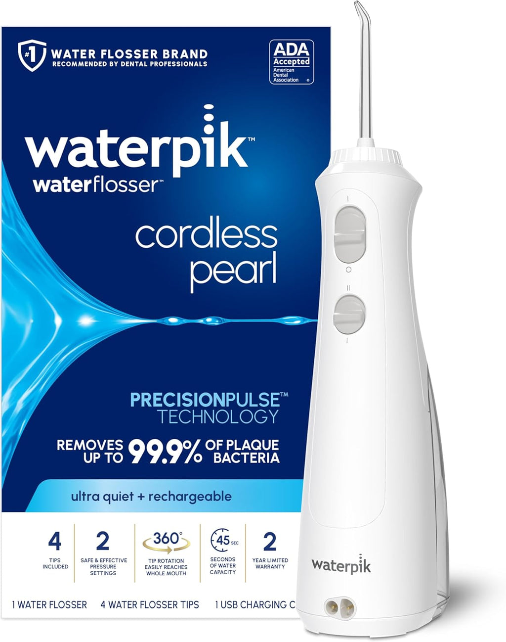 Waterpik Cordless Pearl Rechargeable Portable Water Flosser for Teeth, Gums, Braces Care and Travel with 4 Flossing Tips - ADA Accepted, WF-13 White, Packaging May Vary