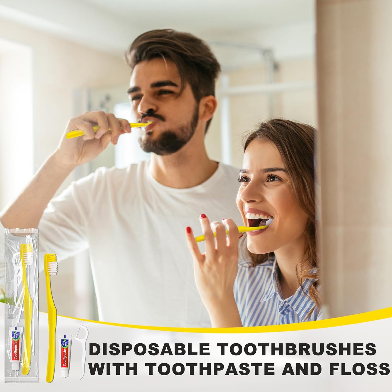 15pcs Disposable Toothbrushes with Toothpaste and Floss,Yellow Bulk Single Use Toothbrush Floss Pick Individually Wrapped Disposable Travel Toothbrushes Kit for Homeless,Airbnb,Hotel,Guest