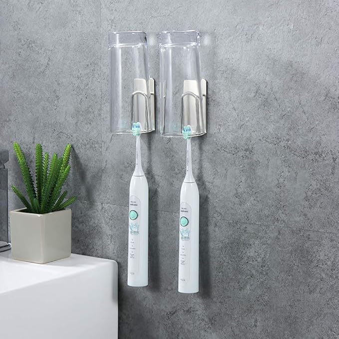 HANZE Toothbrush Holder 2 Pack self-Adhesive SUS 304 Stainless Steel Electric Toothbrush Hook Wall Mounted Razors Cup Holder for Bathroom