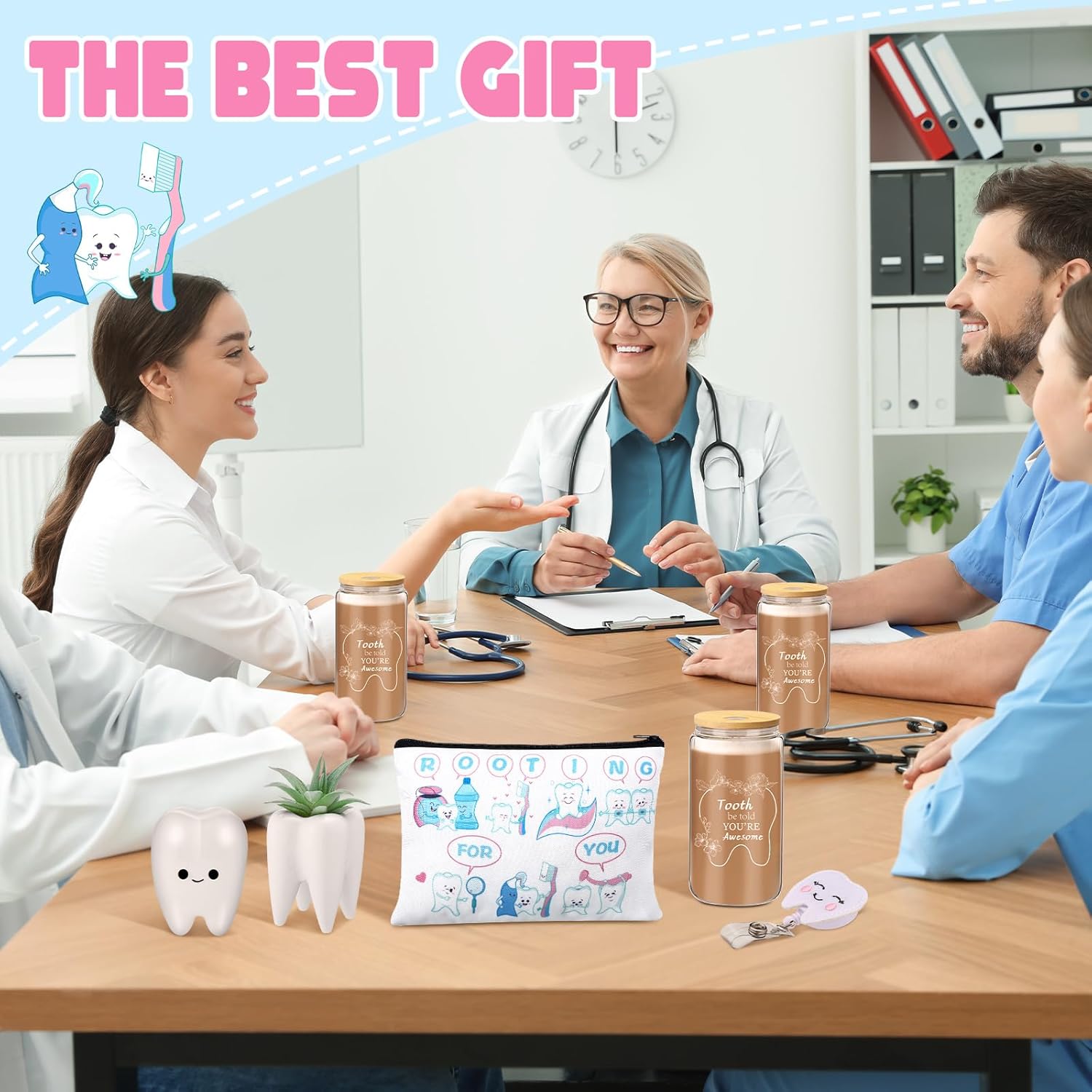 Pickmesh 6 Pcs Dental Gifts Nurse Assistant Hygienist Gifts 16 oz Glass Cups with Lid Makeup Bag Smiling Tooth Shape Felt Badge Holder Ceramic Pen Toothbrush Pot for Women Coworkers(White)