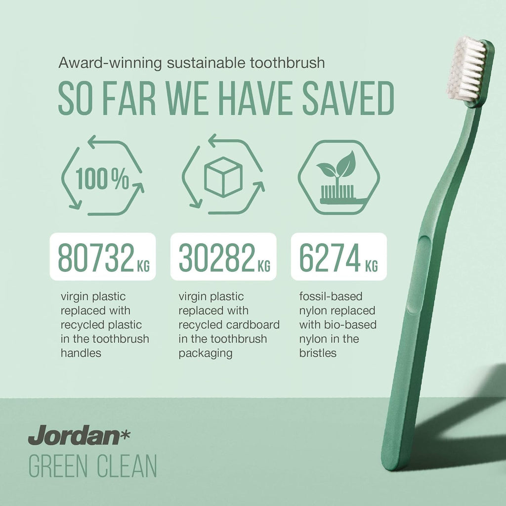 Jordan* ® | Green Clean Toothbrush | Award Winning Sustainable Toothbrush Made from Recycled Materials | Eco-Friendly | Scandinavian Design | Soft Bristle Toothbrush | Adult Toothbrush x 4 Units + Bab
